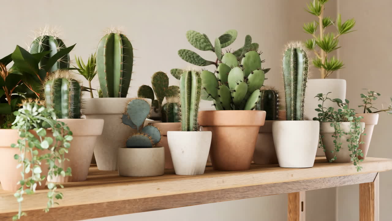 Collection of Potted Cacti and Succulents on a Wooden Shelf