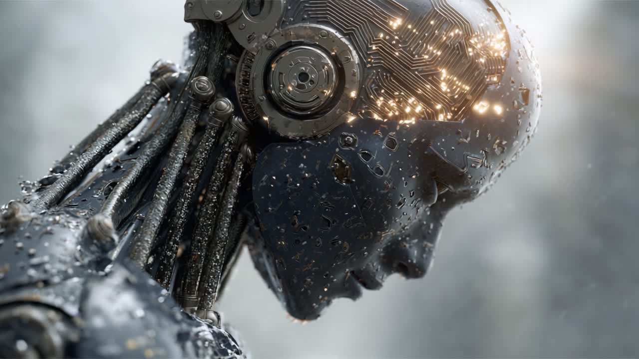 An Intricate Futuristic Robot Profile Shimmering with Raindrops and Embedded Technology, Showcasing Its Elegant Design and Advanced Circuitry in a Pristine Environment