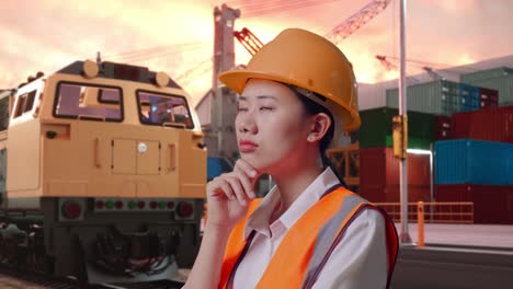 close up side view of asian female engineer with safety helmet thinking about something and looking around with freight cargo train at port