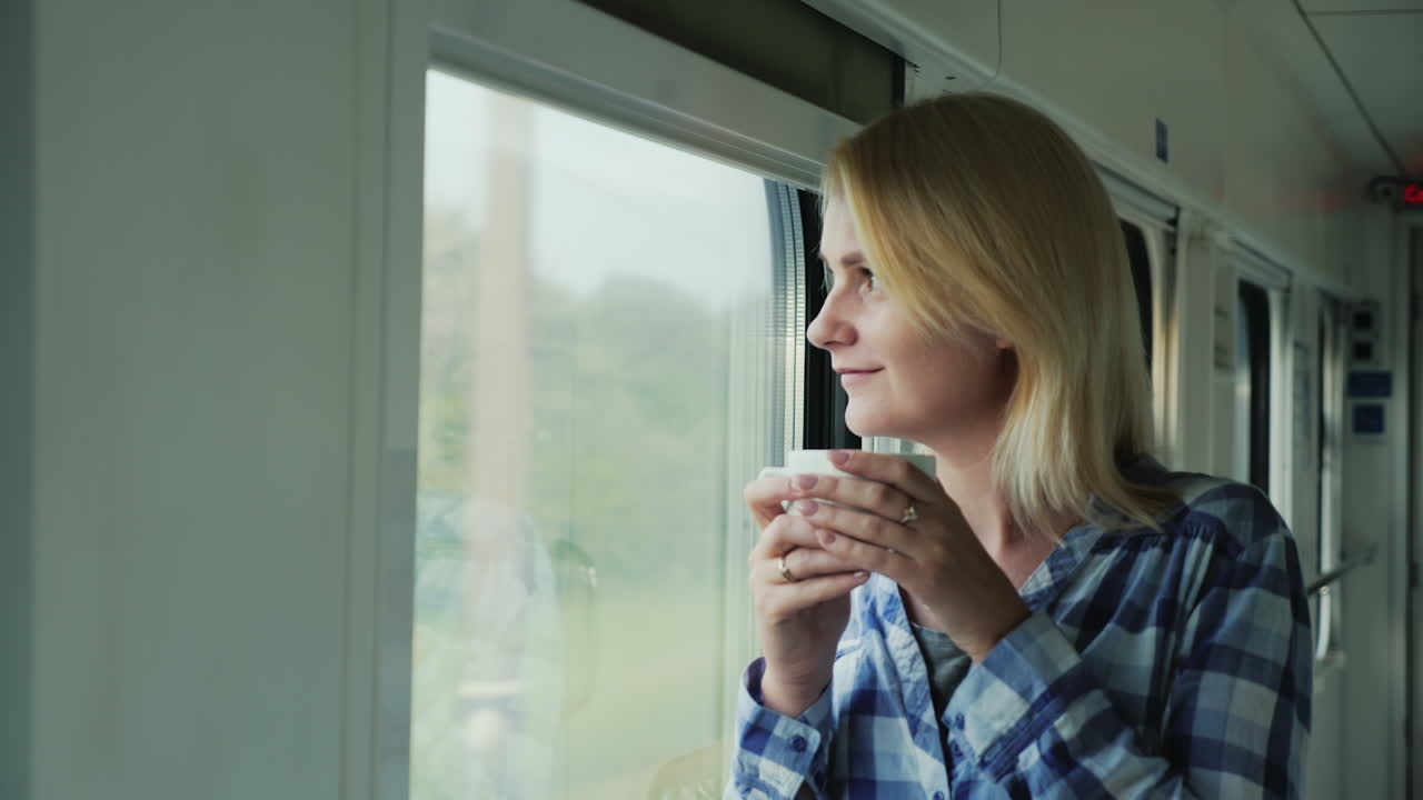 A Woman With A Cup Of Coffee Looks Out The Window From A Train