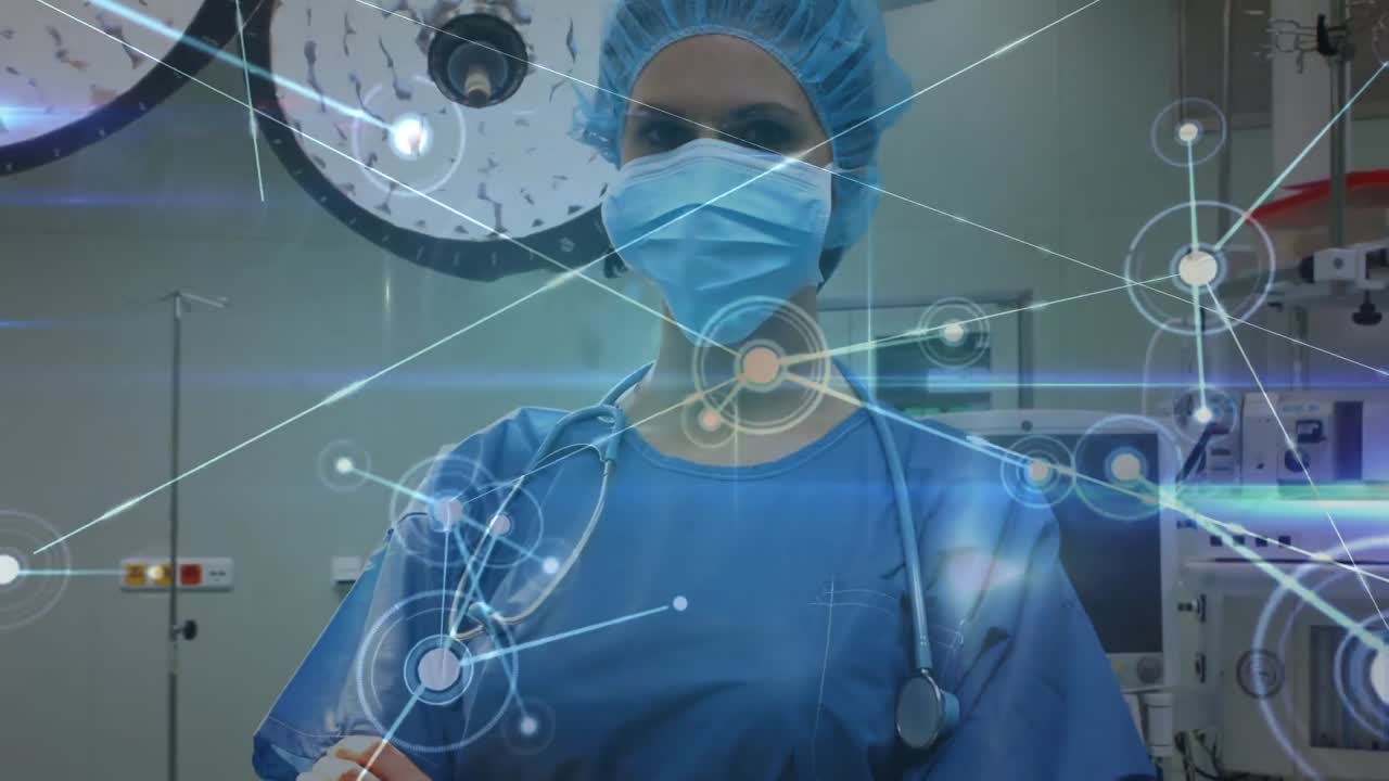 Rede de conexões sobre retrato de cirurgiã caucasiana em centro cirúrgico de hospital