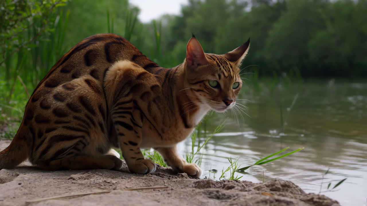 Gato-de-bengala perto de um lago