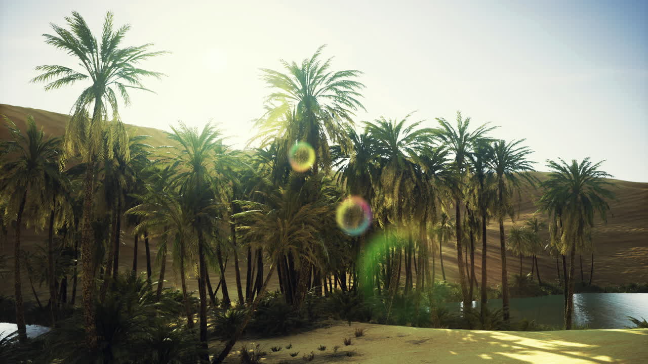 Oasis surrounded by palm trees in a desert landscape with sunlight