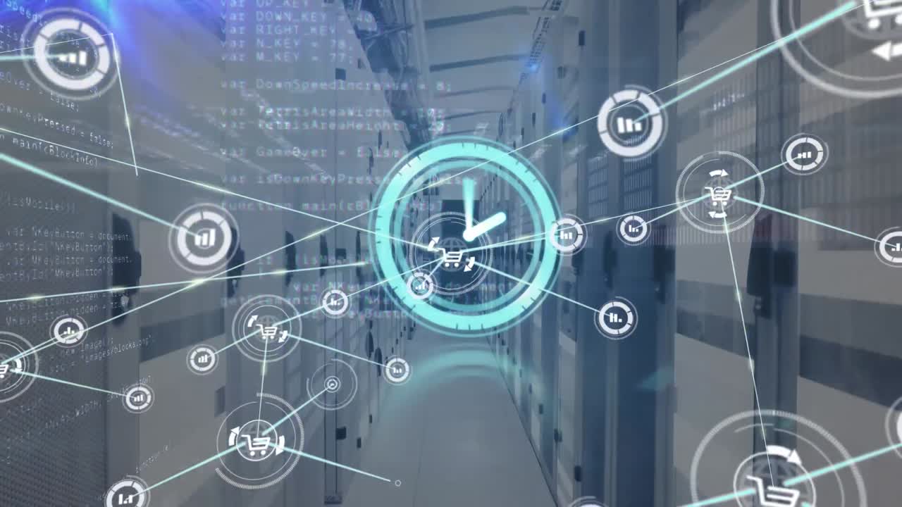 animación de la red de conexión con iconos sobre la sala del servidor