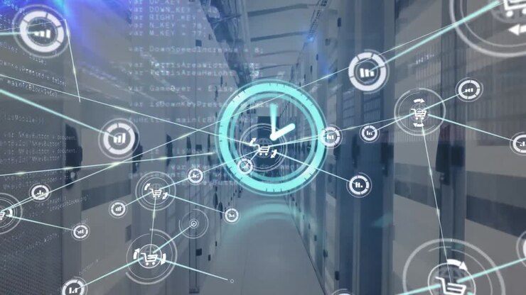 Animation of network of connection with icons over server room