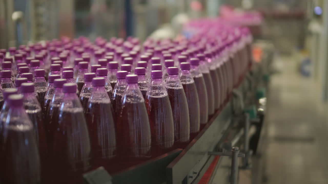 Garrafas plásticas com tampas roxas sendo transportadas em uma esteira transportadora em uma fábrica.