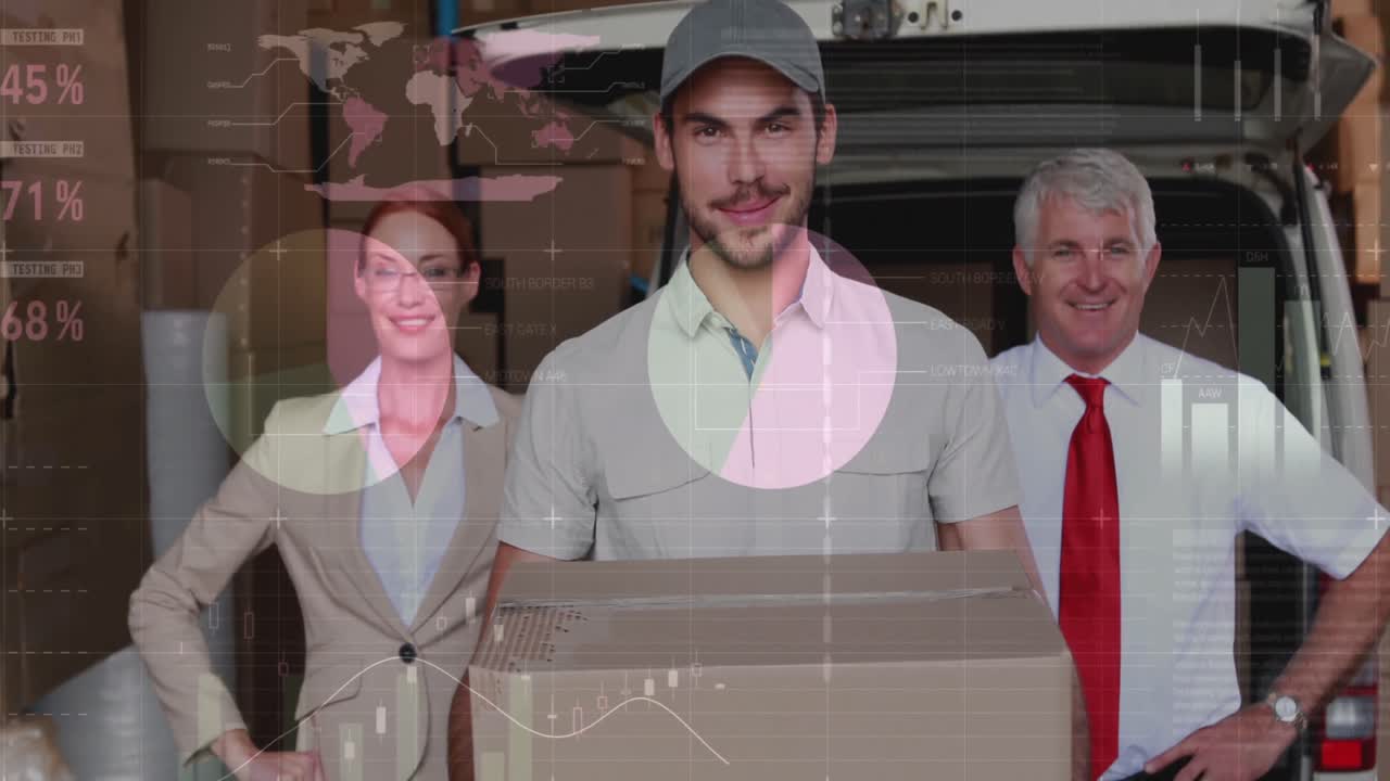 animación de estadísticas y procesamiento de datos financieros sobre el repartidor y la furgoneta