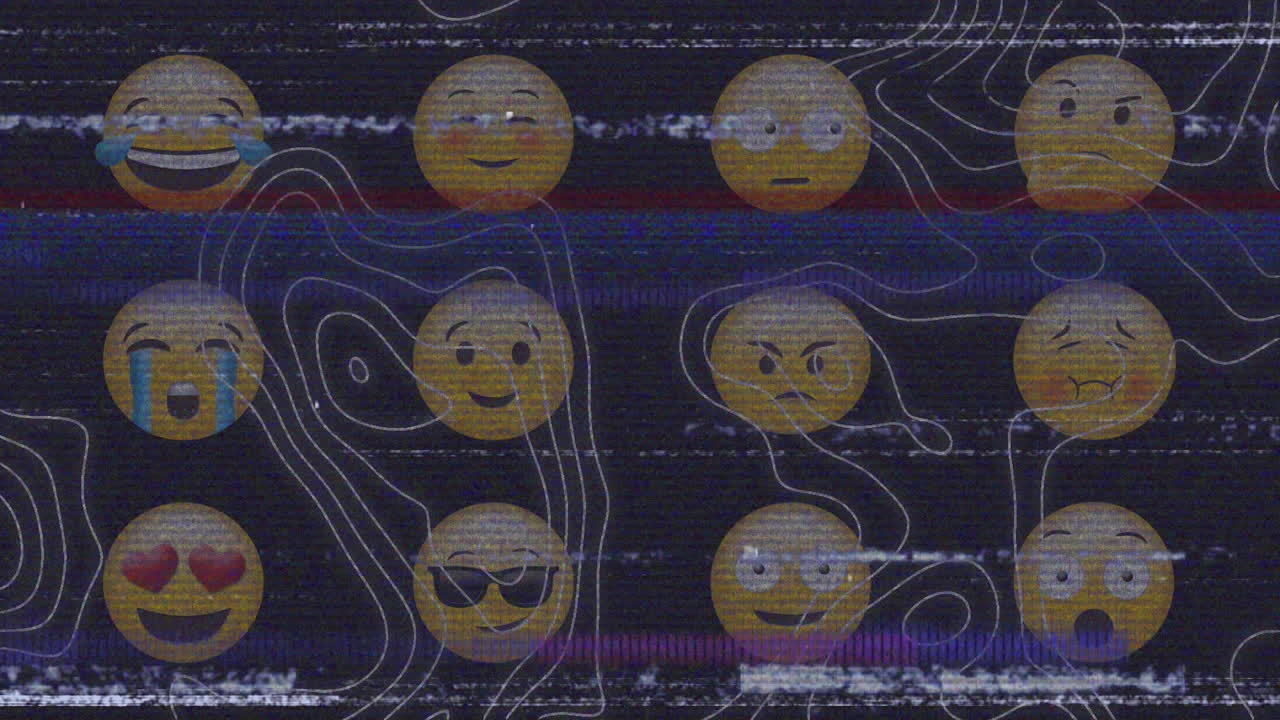 화면의 소음과 움직이는  ⁇  선 위에 이모티콘 아이콘의 애니메이션