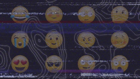 animación de iconos de emojis sobre ruidos en la pantalla y líneas blancas en movimiento