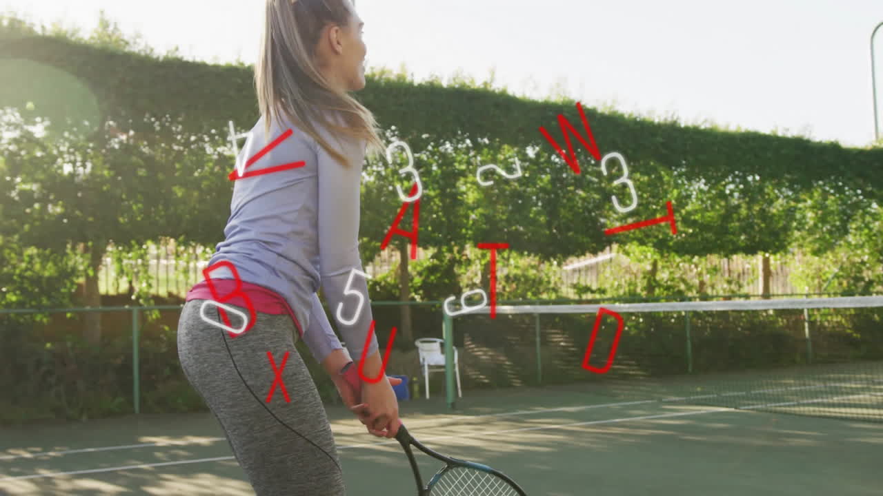 Female athlete hitting tennis serve on outdoor court, displaying red white data graphics for tech