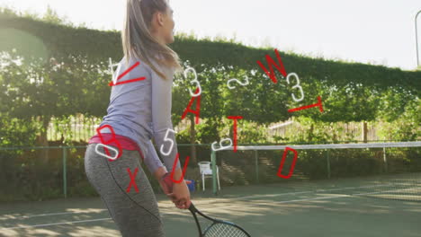 female athlete hitting tennis serve on outdoor court, displaying red white data graphics for tech