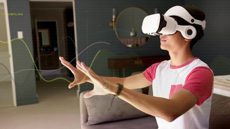 Ragazzo adolescente sul divano che indossa un visore VR, rileva i gesti e usa sovrapposizioni che tracciano le mani per controllare l'interfaccia utente