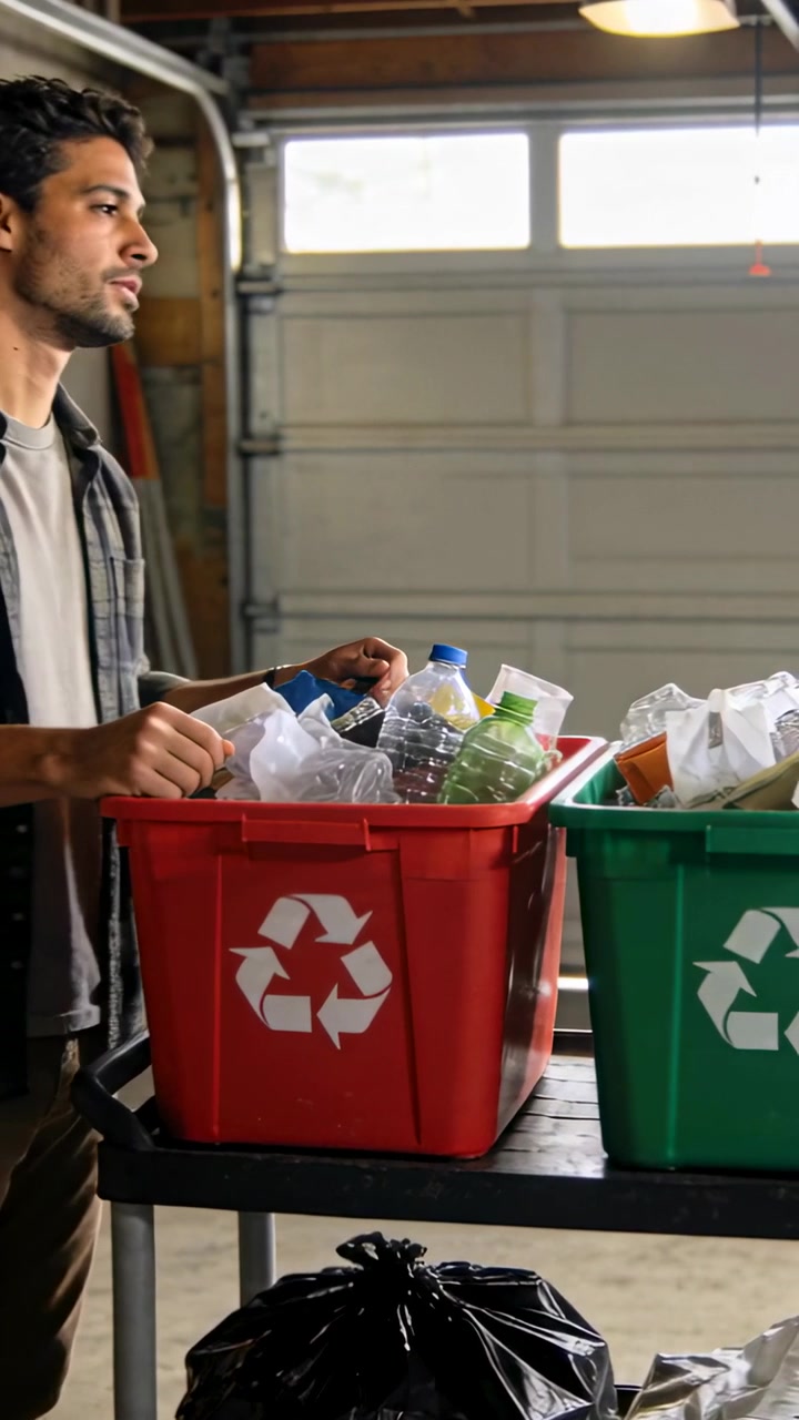 Vertical video: Bag handed sorting plaid man moving bottle in red or green bins at garage, copy spac