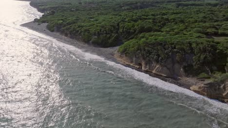 Aerial-top-down-shot-of-beautiful-coastline-with-reaching-waves-in-Bani-and-Mangroves-Woodland-on-island-at-sunset-time---orbiting-shot