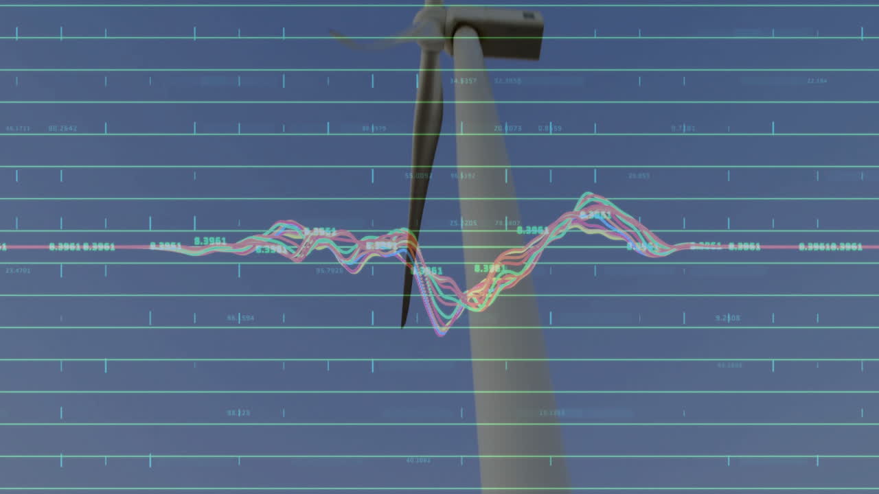 Wind turbine with data processing animation overlaying blue sky background