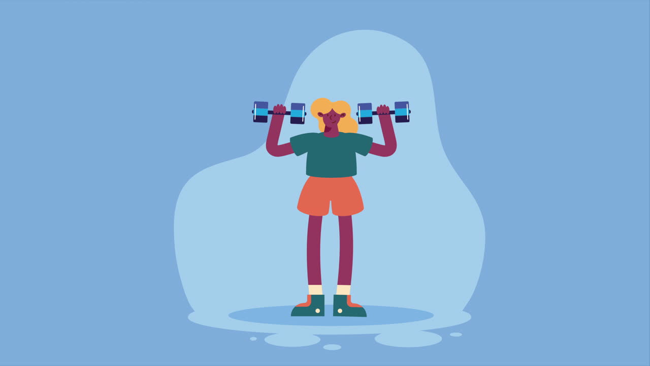 아프로 여성 운동 선수 덤벨을 들어 올리는 애니메이션