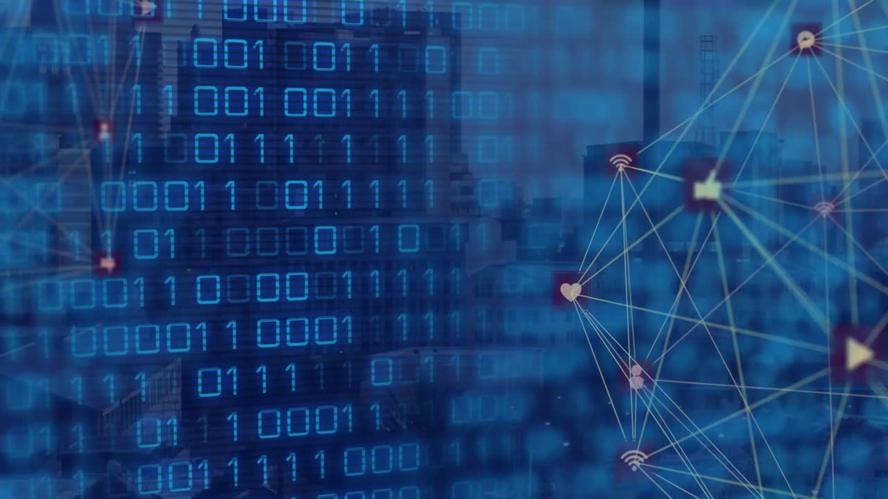 Animation of two globes of digital icons and binary coding data processing against blue background