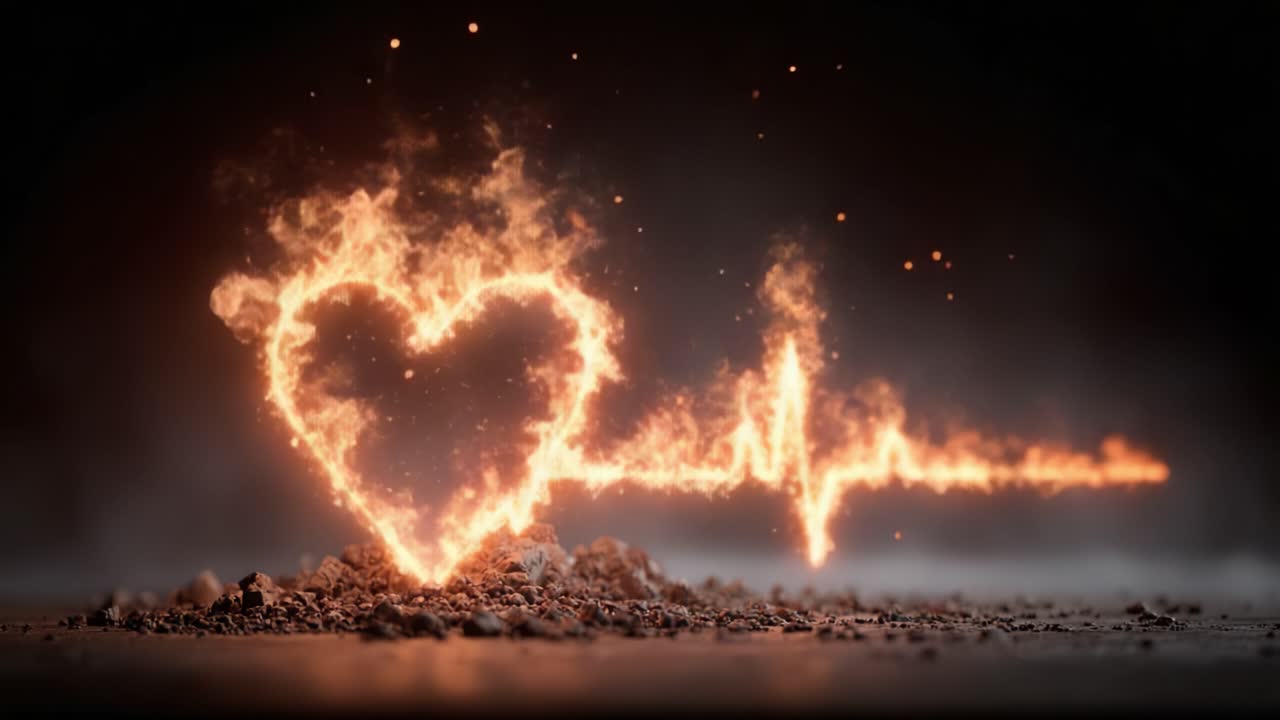 Captivating Visual of Fiery Heartbeat Symbolizing Passion and Life's Intensity, Merging Love with Vitality Through a Mesmerizing Flame Effect