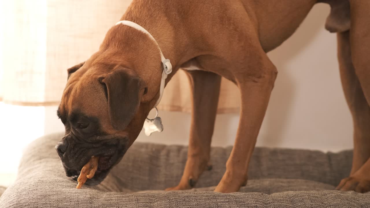 Purebred Boxer dog eating chicken leg on pet bed at home