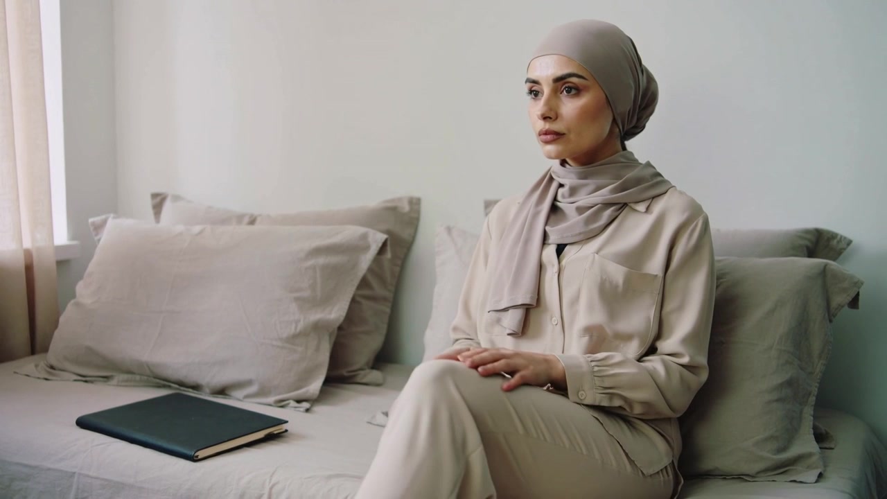 Entering and sitting Middle Eastern woman resting while adjusting hijab in lounge, with notebook