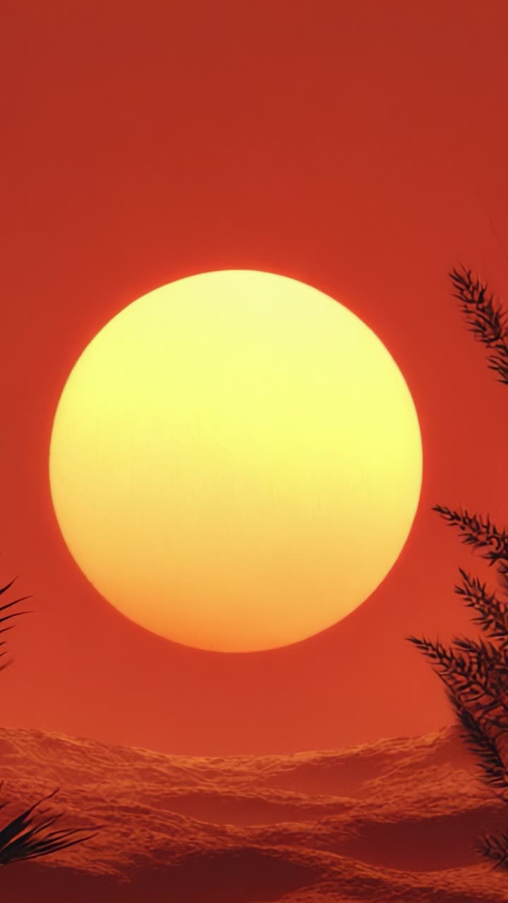 En betagende solnedgangsovergang, der viser himlens levende farver, mens solen gradvist skifter fra dyb orange til lys gul og oplyser det fredfyldte landskab nedenfor.