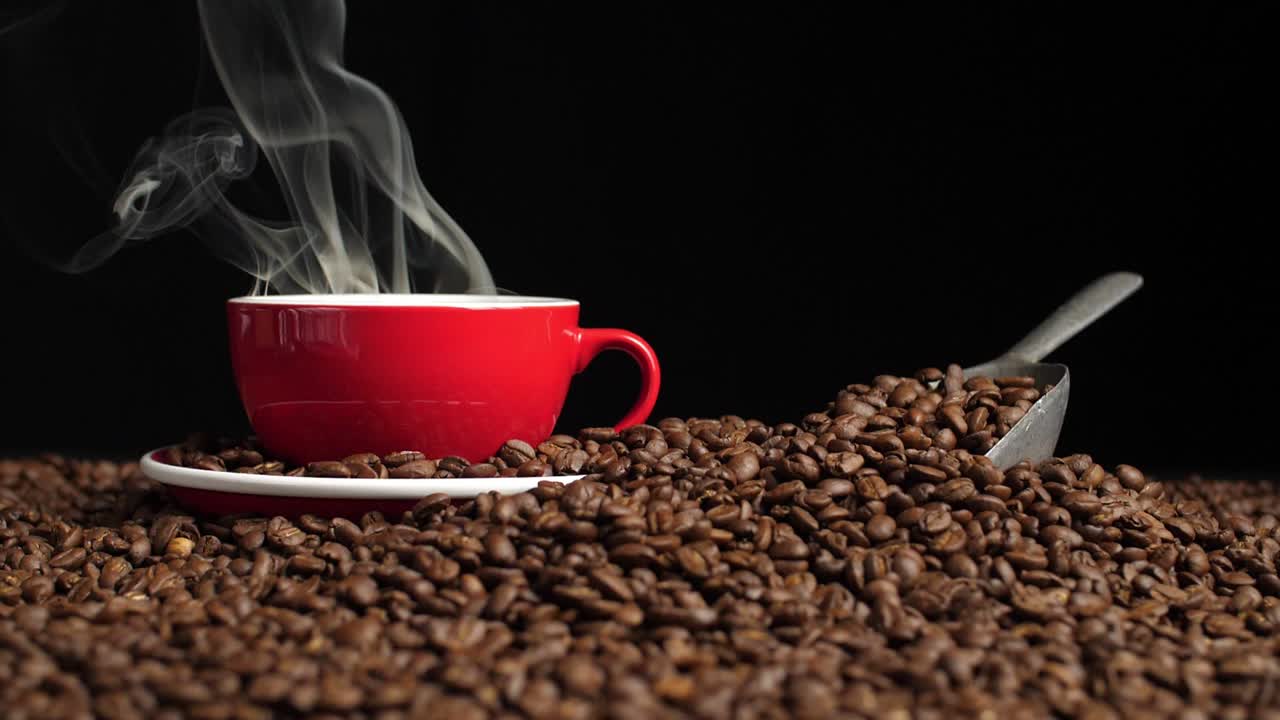 Coffee Cup With Coffee Beans And Smoke, Slow Motion