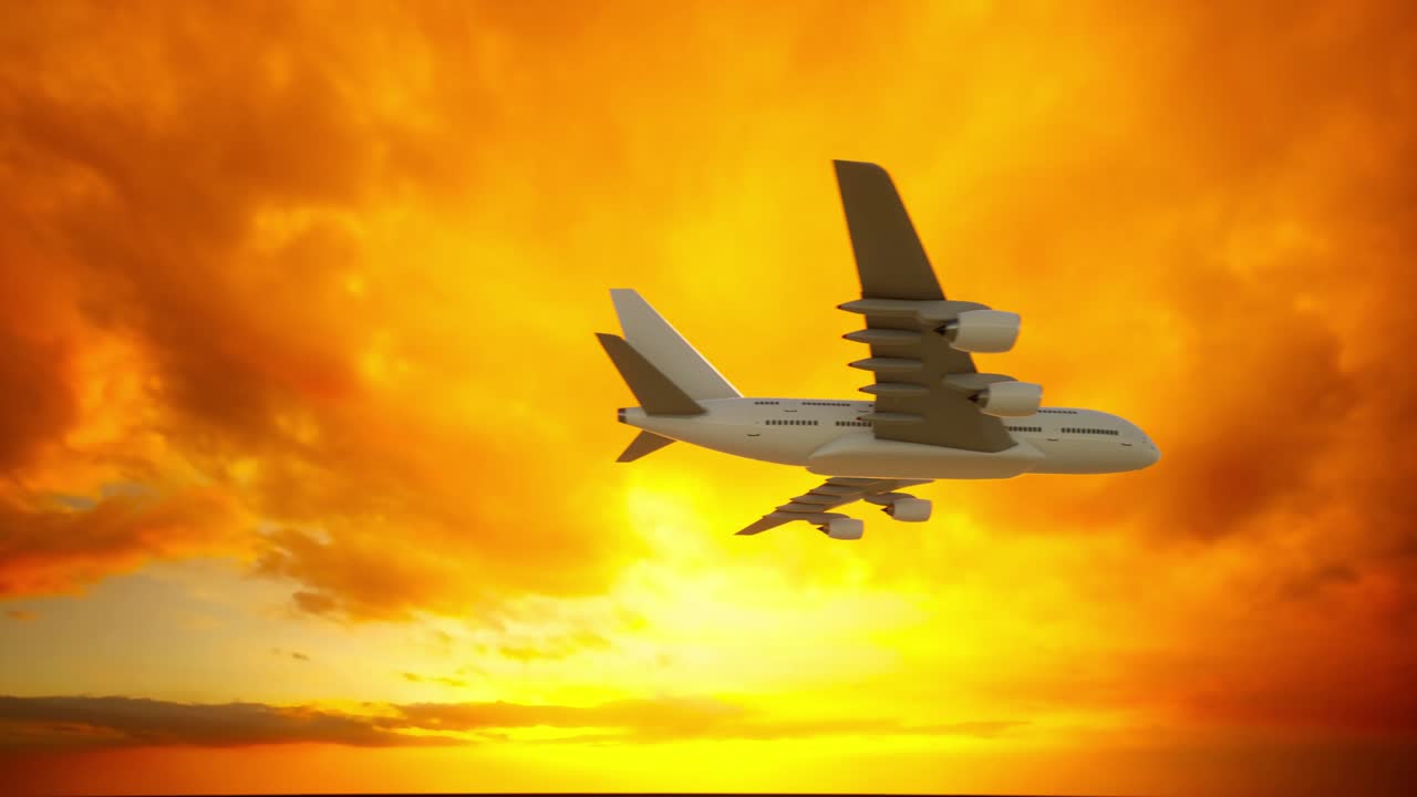 un avión comercial sin marca volando más allá de una puesta de sol dorada - bucle sin costuras