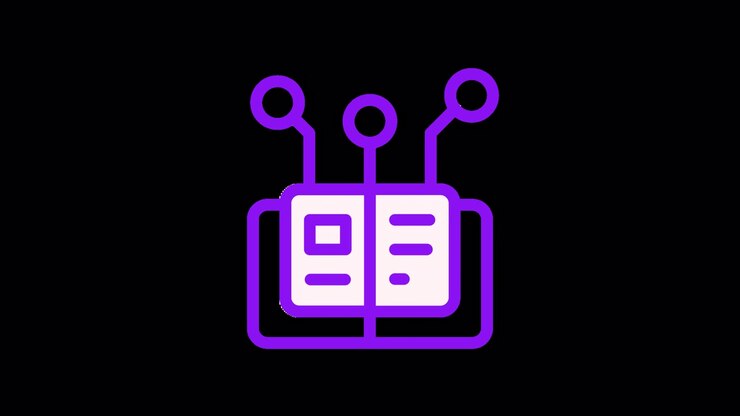 Animiertes digitales Buchsymbol mit Schaltkreiselementen.