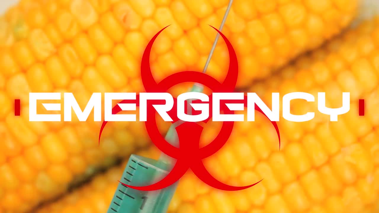 palabra de emergencia escrita sobre el signo de peligro para la salud sobre la jeringa en una mazorca de maíz en el fondo.