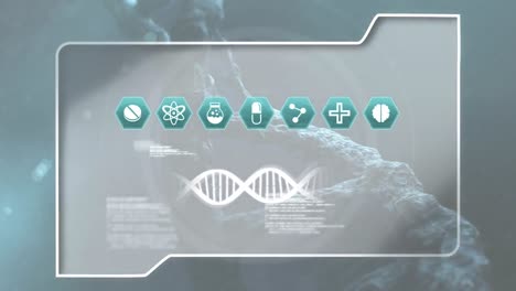 animation of icons and data processing and dna strand