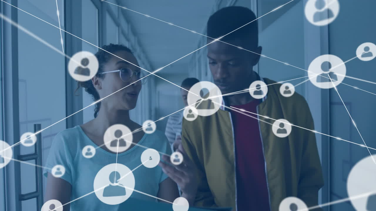 Animation of data processing and diagrams over diverse colleagues discussing work