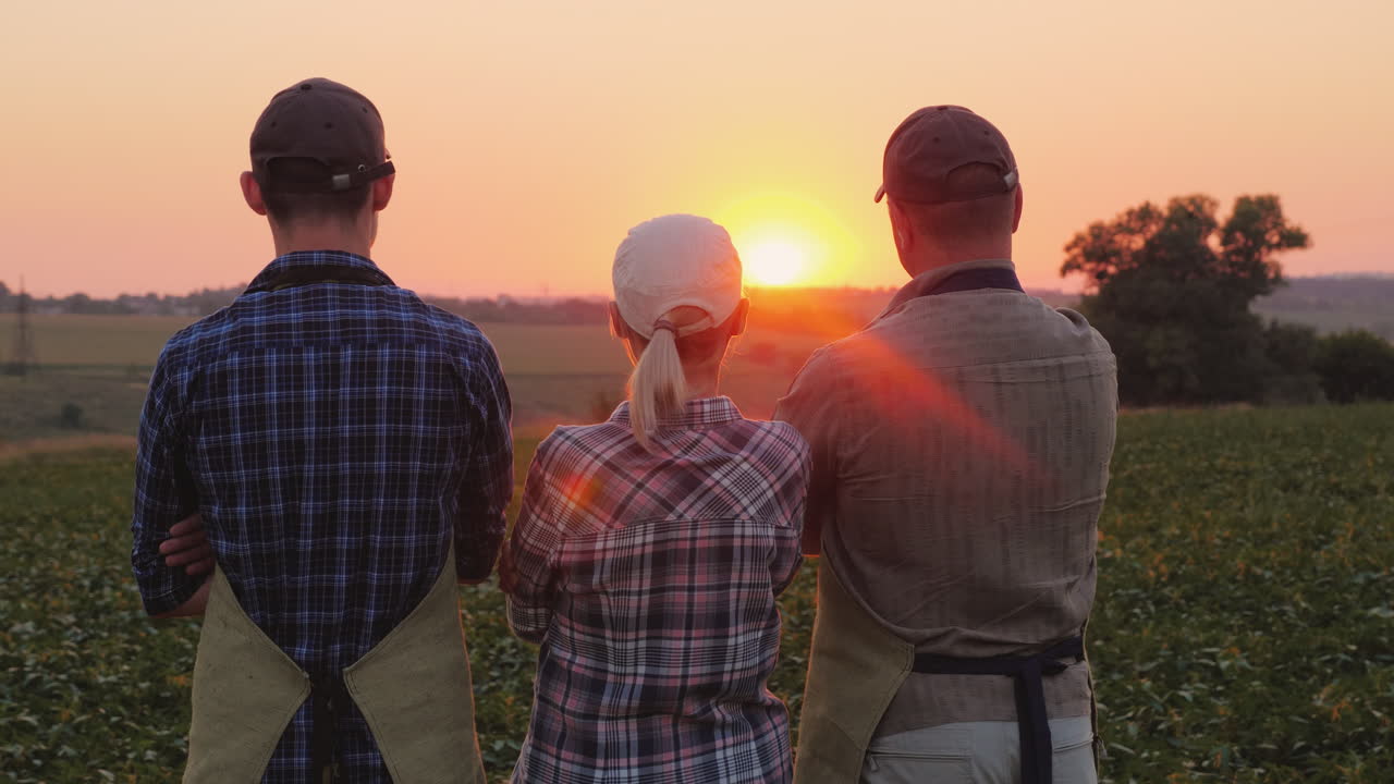한 무리의 농부들 - 한 여자와 두 남자가 들판에서 일몰을 바라보고 있다