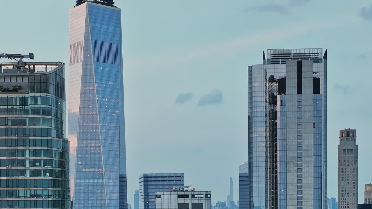 Stunning aerial view of New York City skyline at dusk from drone