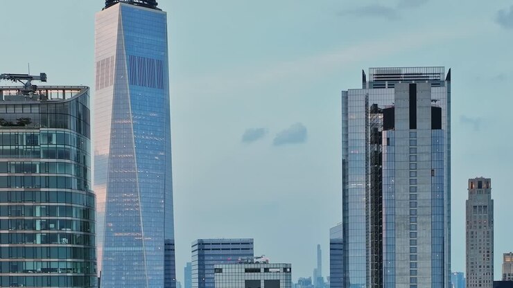 Stunning aerial view of New York City skyline at dusk from drone