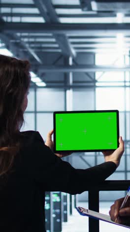 vertical video data center colleagues using green screen chroma key device to monitor facility