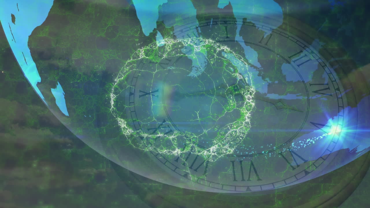 animación del globo y el cerebro digital sobre un reloj en movimiento