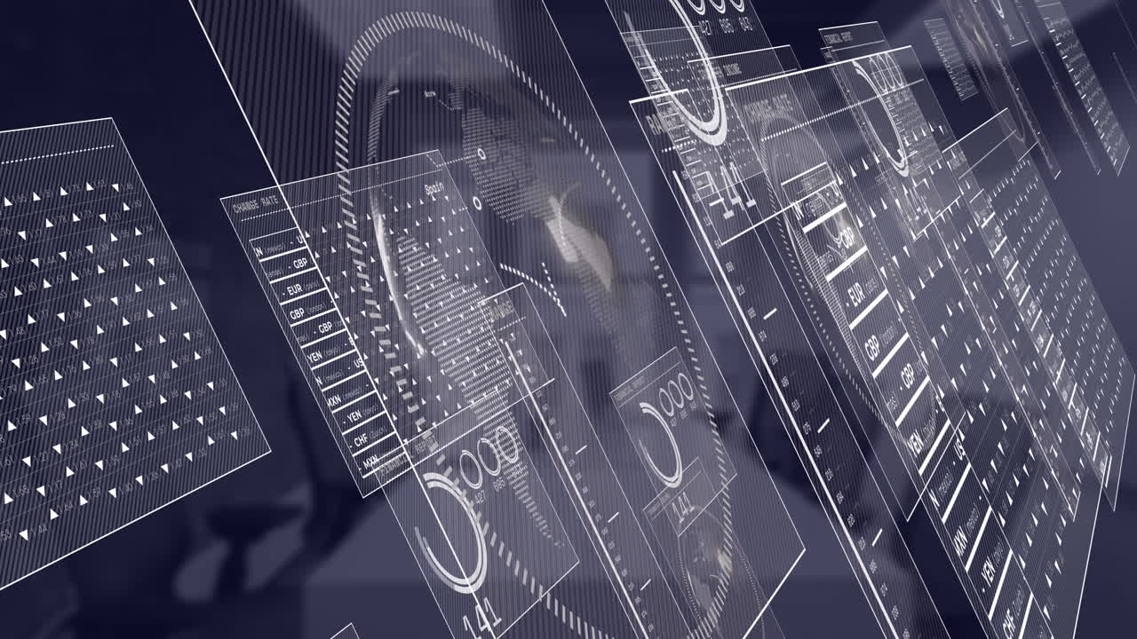 animazione dell'elaborazione dei dati finanziari su una stanza vuota in ufficio