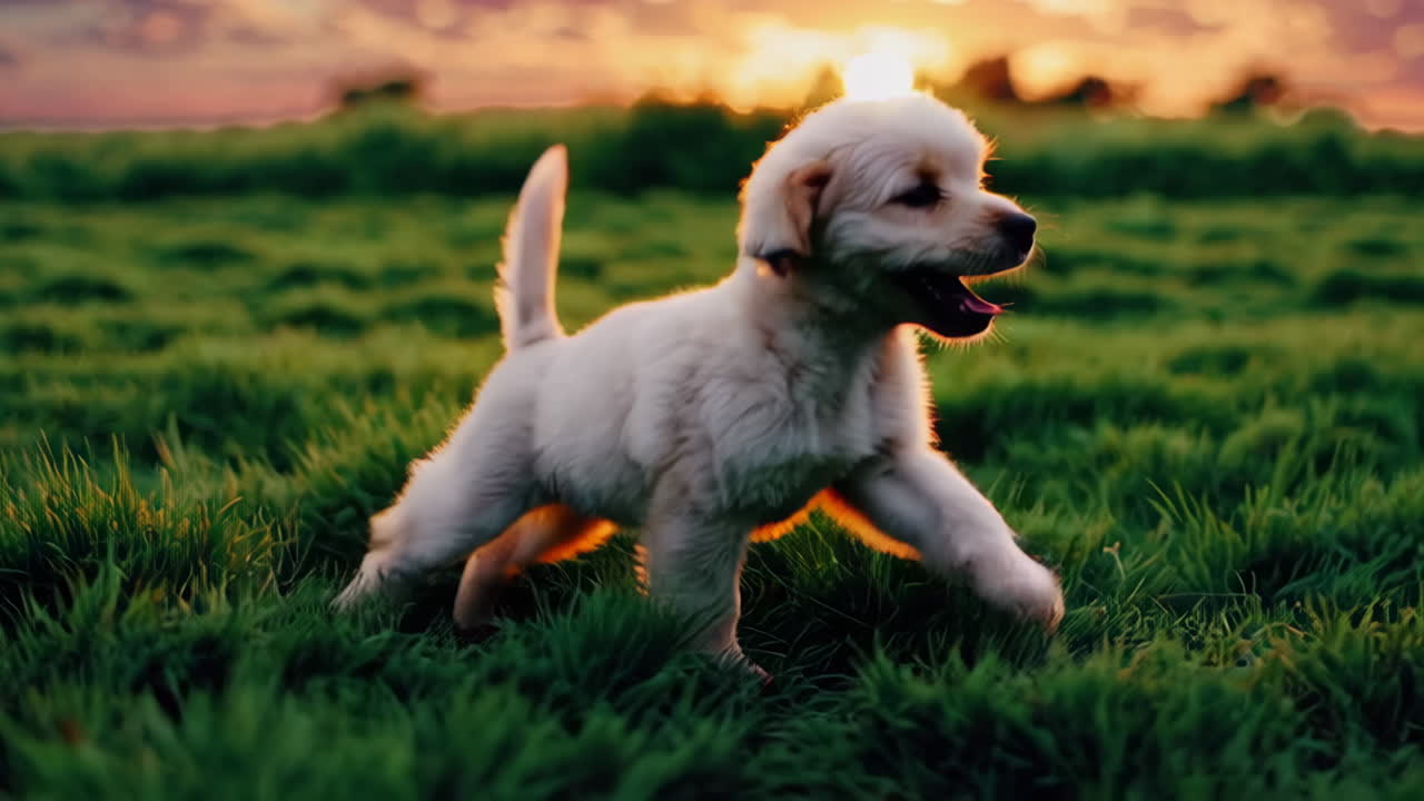 Golden Retriever Puppy Running in a Field at Sunset