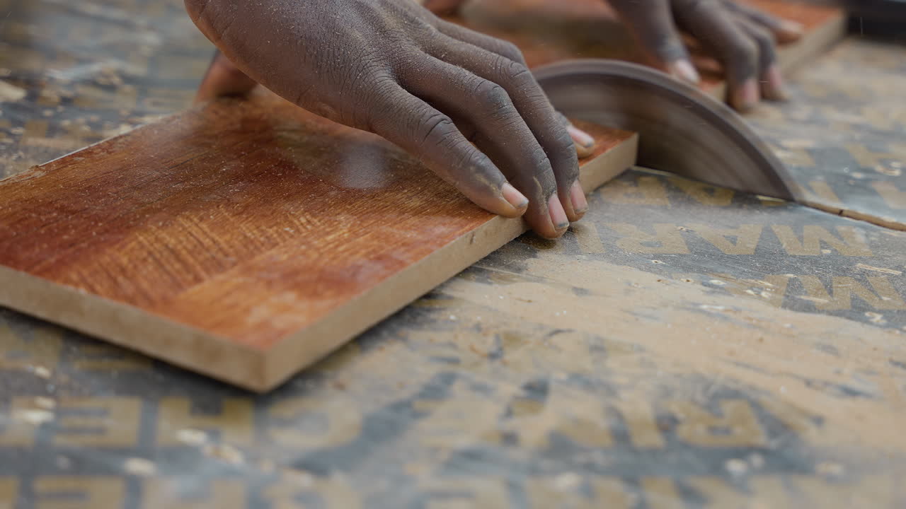 Ebanista nero che rifila una tavola di legno duro, le mani allineano la tavola alla guida, lama circolare che esegue un taglio netto, segatura che si accumula sulla superficie, trapano appoggiato sullo sfondo, flusso di lavoro di falegnameria professionale.