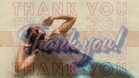 digital composition of thank you text against woman performing crunches exercise