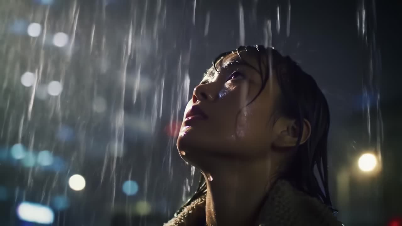 A contemplative moment beneath the rain: a young woman gazes upwards, capturing a blend of emotion and tranquility amidst a night filled with raindrops and city lights