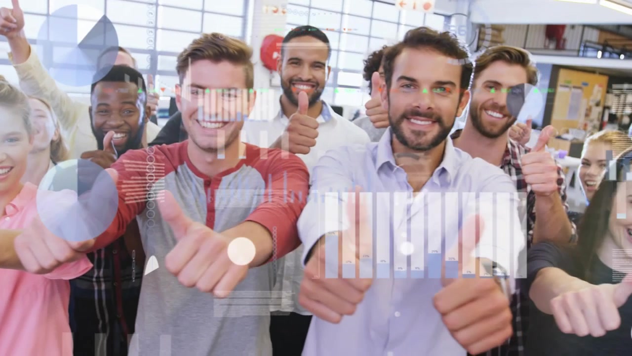 Diverse Group of Professionals Giving Thumbs Up in Modern Office