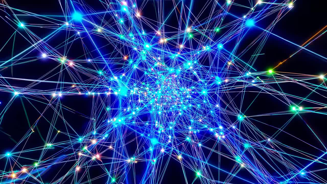 Dynamic video concept of interconnected glowing lines, captured from a central angle