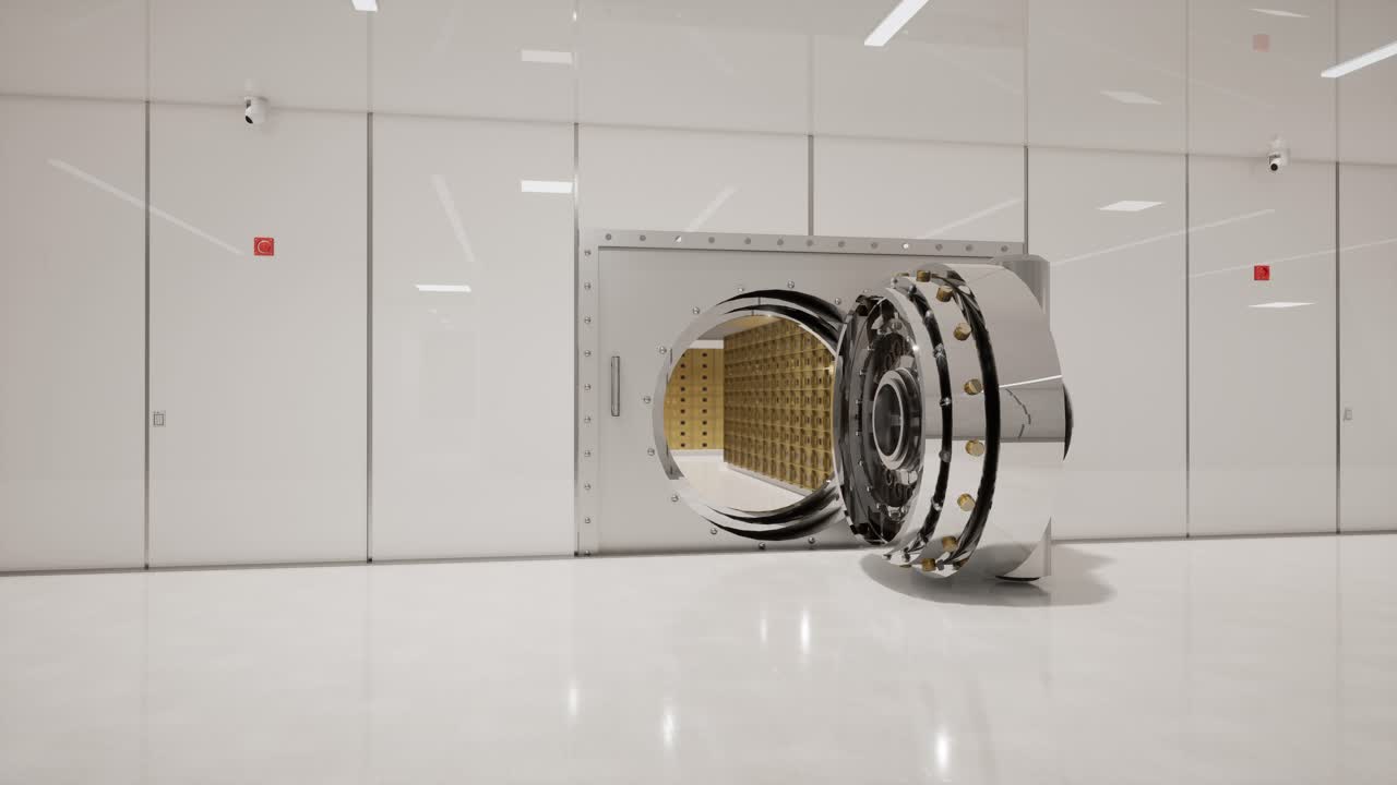 Porta blindata aperta di una banca con file di lingotti d'oro all'interno