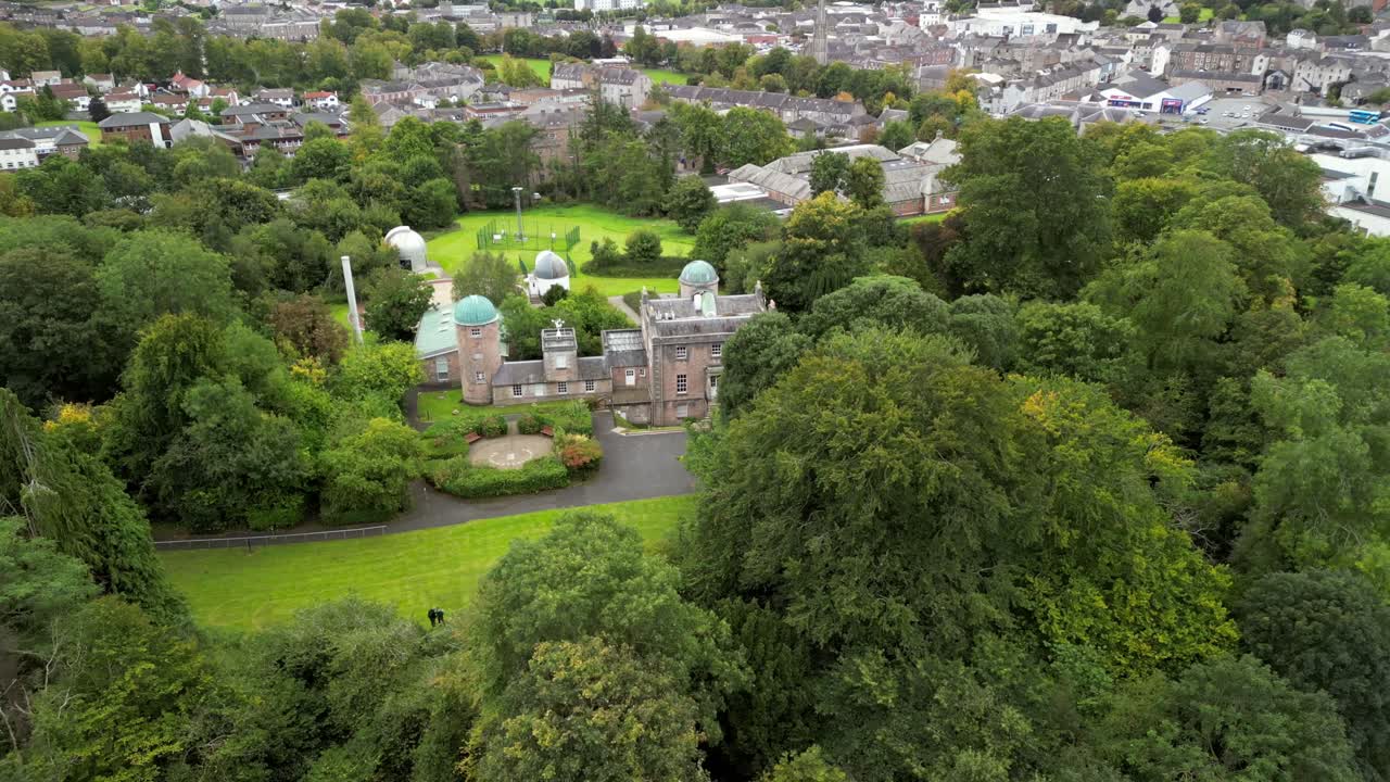 Anti-clockwise 4K 30FPS aerial video of the grounds at Armagh Planetarium in Armagh, Northern Ireland in the UK. Produced in Rec709 color