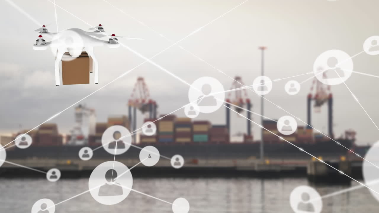 패키지와 함께 배달 드론을 통해 아이콘과 연결 네트워크의 애니메이션