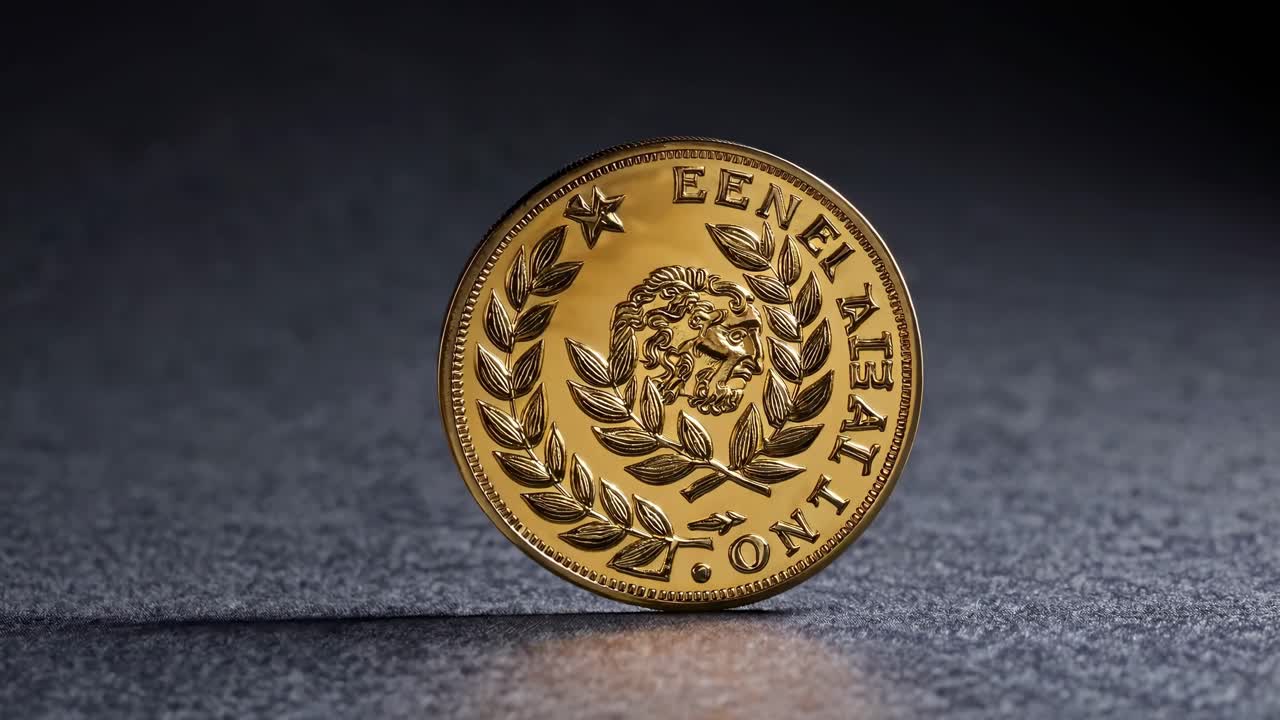 Moneta d'oro che gira e si posa su una superficie scura
