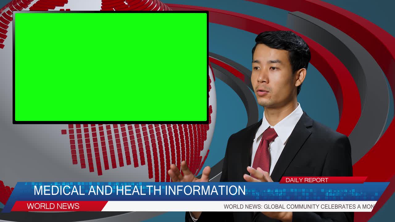 Live News Studio With Asian Male Anchor Reporting On Medical And Health, Video Story Show Green Chroma Key Screen Placeholder Copy Space.Television Newsroom Channel With Professional Presenter