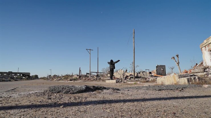 Una figura solitaria si erge tra le macerie di una città demolita, catturando l'essenza della solitudine e della disperazione post-apocalittica. Utile per documentari sul cambiamento climatico o sulla guerra