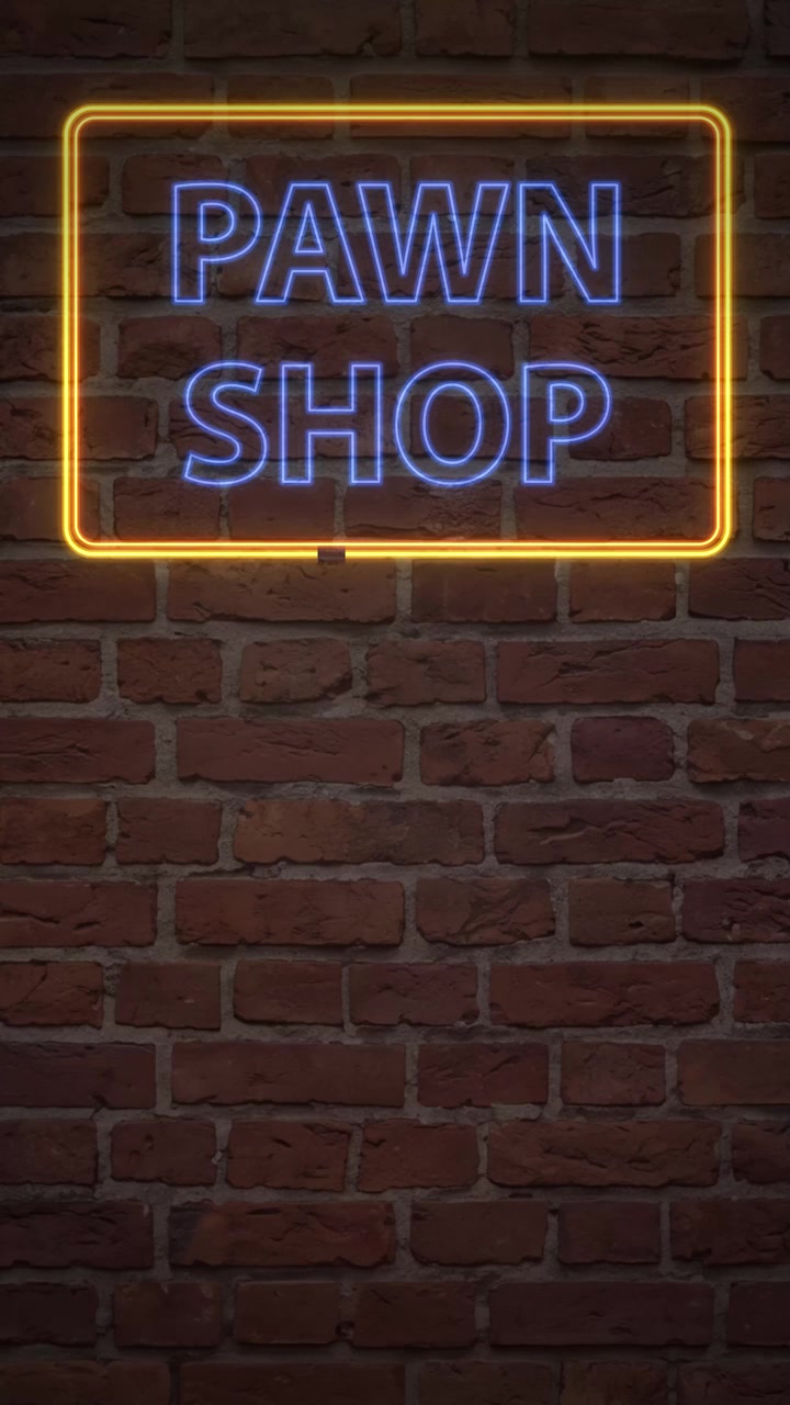 Insegna al neon luminosa blu e gialla sfarfalla su uno sfondo di muro di mattoni scuri e texturizzati.